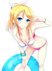 Rule 34 | 10s, 1girl, ayase eli, bikini, blonde hair, blue eyes, bow, bracelet, breasts, cleavage, earrings, hair bow, hand on thigh, highres, innertube, jewelry, kirimoti34, light smile, long hair, looking at viewer, lots of jewelry, love live!, love live! school idol project, medium breasts, navel, ruffling hair, shiny skin, skindentation, smile, solo, striped bikini, striped clothes, swim ring, swimsuit