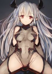 Rule 34 | 10s, 1girl, :&lt;, arms behind back, bare shoulders, borrowed character, breasts, brown thighhighs, closed mouth, colo mag-chan, colossus (granblue fantasy), covered navel, draph, granblue fantasy, hair between eyes, highres, horns, leotard, long hair, looking at viewer, medium breasts, original, otogi kyouka, pointy ears, red eyes, riding, sketch, solo, spread legs, thighhighs, white hair