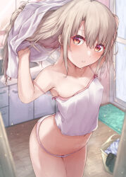 Rule 34 | 1girl, absurdres, bathing, bathroom, blush, breasts, collarbone, commentary request, covered erect nipples, fate/kaleid liner prisma illya, fate (series), female focus, hair between eyes, highres, illyasviel von einzbern, long hair, looking at viewer, navel, nipples, open mouth, panties, purple eyes, seven d3t, small breasts, solo, standing, steam, thighhighs, underwear, wet, white hair