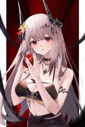 Rule 34 | 1girl, apple, arknights, bare arms, bare shoulders, bikini, black bikini, breasts, cleavage, collarbone, commentary request, ema (kuguiema), flower, food, fruit, grey hair, hair flower, hair ornament, hands up, highres, holding, holding food, horns, large breasts, looking at viewer, mudrock (arknights), mudrock (silent night) (arknights), navel, parted lips, pointy ears, red apple, red flower, solo, swimsuit, yellow flower