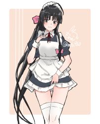 Rule 34 | 1girl, ahoge, alternate costume, apron, artist logo, black dress, black hair, border, bow, brown eyes, commentary request, dress, enmaided, frilled apron, frills, hair bow, hand on own chest, highres, kantai collection, long hair, looking at viewer, maid, maid headdress, mochizou, one-hour drawing challenge, pink bow, short sleeves, shouhou (kancolle), solo, thighhighs, twitter username, two-tone background, white apron, white border, white thighhighs, wrist cuffs