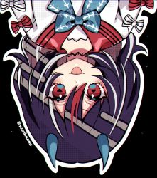 Rule 34 | 1girl, arrow print, black background, black hair, blue neckwear, blue ribbon, blush, bow, commentary request, eyelashes, grey horns, horns, kijin seija, kyouda suzuka, looking at viewer, multicolored hair, puffy short sleeves, puffy sleeves, red bow, red eyes, red hair, ribbon, short hair, short sleeves, simple background, solo, stitched neck, stitches, streaked hair, striped, striped bow, symbol-shaped pupils, tongue, tongue out, touhou, twitter username, upside-down, white bow, white hair
