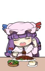 Rule 34 | 1girl, blunt bangs, bow, bowl, capelet, chibi, cup, eating, female focus, food, fork, hair bow, hat, long hair, long sleeves, mug, open mouth, pasta, patchouli knowledge, plate, purple hair, salad, solo, spaghetti, touhou, transparent background, ume (noraneko)