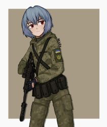 Rule 34 | 1girl, absurdres, archirai, assault rifle, ayanami rei, black gloves, blue hair, border, coat of arms, cowboy shot, facing viewer, female soldier, gloves, gun, highres, looking away, looking to the side, military, military uniform, neon genesis evangelion, outside border, red eyes, rifle, short hair, simple background, soldier, solo, standing, tactical clothes, tagme, ukraine, ukrainian flag, uniform, weapon, white border
