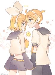 Rule 34 | !, 1boy, 1girl, ahoge, ascot, back, bare shoulders, blonde hair, blue eyes, blush, bow, brother and sister, crop top, detached sleeves, eye contact, face-to-face, floral background, hair bow, hair ornament, hairclip, holding hands, headphones, headset, kagamine len, kagamine rin, looking at another, midriff, necktie, pink background, sailor collar, shirt, short hair, short ponytail, shorts, siblings, signature, sleeveless, sleeveless shirt, narrow waist, spoken exclamation mark, tono kabeuchi, twins, twitter username, vocaloid, white bow, yellow neckwear
