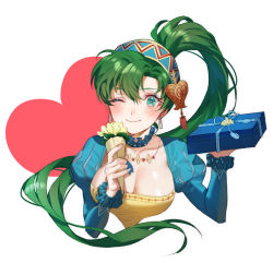 Rule 34 | 1girl, breasts, cleavage, dress, fire emblem, fire emblem: the blazing blade, fire emblem heroes, gift, green eyes, green hair, hair ornament, high ponytail, large breasts, long hair, looking at viewer, lyn (fire emblem), lyn (valentine) (fire emblem), nintendo, one eye closed, ponytail, smile, solo, zuizi