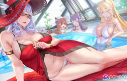 Rule 34 | 4girls, animal ears, armlet, artoria pendragon (all), artoria pendragon (fate), artoria pendragon (swimsuit ruler) (fate), bare shoulders, bikini, bikini bottom only, blunt bangs, blush, bracelet, breasts, carmilla (fate), carmilla (swimsuit rider) (fate), chibi, chibi inset, cleavage, dress, fate/grand order, fate (series), green eyes, gtunver, hat, highres, jewelry, large breasts, long hair, looking at viewer, multiple girls, murasaki shikibu (fate), nail polish, navel, one-piece swimsuit, open mouth, parted lips, ponytail, pool, rabbit ears, red dress, rei no pool, revision, sidelocks, silver hair, smile, sun hat, sunglasses, swimsuit, tamamo (fate), tamamo no mae (fate/extra), tamamo no mae (swimsuit lancer) (fate), thighs, white bikini, yellow eyes