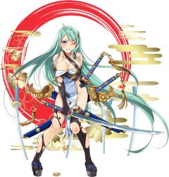 Rule 34 | 1girl, absurdly long hair, ahoge, black gloves, black thighhighs, blue eyes, blush, breasts, cleavage, earrings, elbow gloves, full body, gloves, green hair, heart, heart earrings, holding, holding sword, holding weapon, jewelry, large breasts, long hair, looking at viewer, murakami yuichi, official art, one eye closed, oshiro project:re, oshiro project:re, sheath, sheathed, smile, solo, sword, thighhighs, tokugawa osaka (oshiro project), torn clothes, torn thighhighs, transparent background, very long hair, weapon