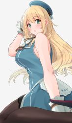 Rule 34 | 1girl, :o, adapted costume, arm behind head, ascot, ass, atago (kancolle), black pantyhose, blonde hair, blue hat, breasts, green eyes, hair between eyes, hat, highres, kantai collection, large breasts, long hair, looking at viewer, looking to the side, military, military uniform, natsume (natsume melio), neckerchief, pantyhose, sitting, skirt, sleeveless, solo, uniform, vest, wariza, white neckerchief, wrist cuffs