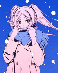 Rule 34 | 1girl, blue scarf, coat, earrings, elf, frieren, green eyes, jewelry, long sleeves, moshimoshibe, pointy ears, scarf, snow, snowing, solo, sousou no frieren, thick eyebrows, twintails, white coat, white hair, winter, winter clothes, winter coat