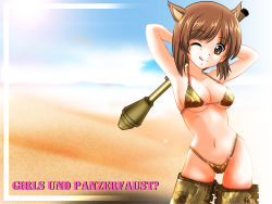 Rule 34 | 10s, 1girl, :p, animal ears, armpits, arms behind head, arms up, bikini, blackjunk, brown eyes, brown hair, camouflage, cloud, creator connection, desert, dog ears, girls und panzer, high-explosive anti-tank (warhead), highleg, highleg bikini, highleg swimsuit, highres, holding, man-portable anti-tank systems, navel, nishizumi miho, o-ring, o-ring bottom, o-ring top, one eye closed, panzerfaust, parody, recoilless gun, short hair, sky, smile, solo, standing, strike witches, striker unit, swimsuit, title parody, tongue, tongue out, wallpaper, weapon, world witches series