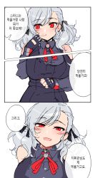 Rule 34 | 1girl, absurdres, bad id, bad pixiv id, blush, commentary, commentary request, eyebrows, fingerless gloves, girls&#039; frontline, gloves, highres, looking at viewer, ndgd, red eyes, silver hair, smile, spas-12 (girls&#039; frontline), speech bubble, translation request