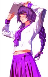 Rule 34 | 1girl, arms up, blunt bangs, blush, braid, breast pocket, collared shirt, genshin impact, holding, long hair, long sleeves, low-braided long hair, low-tied long hair, midriff, navel, neckerchief, parted lips, pleated skirt, pocket, purple eyes, purple hair, purple neckerchief, purple sailor collar, purple skirt, raiden shogun, sailor collar, sailor shirt, sannen (wuuk5423), shirt, simple background, skirt, solo, standing, stomach, very long hair, white background, white shirt