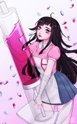 Rule 34 | 1girl, apron, arm wrap, artist logo, artist name, black hair, blue skirt, breasts, closed mouth, danganronpa (series), danganronpa 2: goodbye despair, gradient background, heart, heart-shaped pupils, highres, holding, long hair, looking at viewer, medium breasts, oversized object, pill, pink shirt, pleated skirt, puffy short sleeves, puffy sleeves, purple background, purple eyes, purple lips, shari cote, shirt, short sleeves, simple background, skirt, solo, standing, symbol-shaped pupils, tsumiki mikan, white apron, white background
