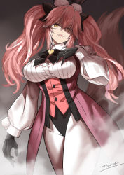 Rule 34 | 1girl, animal ear fluff, animal ears, black bow, black gloves, blush, bow, breasts, coattails, collared shirt, corset, dress shirt, fate/grand order, fate (series), fox tail, glasses, gloves, hair between eyes, hair bow, highres, koyanskaya (assassin) (second ascension) (fate), koyanskaya (fate), large breasts, long hair, long sleeves, looking at viewer, pantyhose, pink hair, rabbit ears, shaded face, shirt, sidelocks, tail, tamamo (fate), thighs, twintails, tyone, underbust, white pantyhose, white shirt, yellow eyes