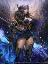 Rule 34 | 10s, 1girl, 2015, armor, armored dress, artist request, breasts, brown hair, cleavage, company name, copyright name, corset, dated, demon, demon horns, dragon, gauntlets, glowing, glowing sword, glowing weapon, gorget, greaves, hair ornament, headgear, highres, holding, holding weapon, horns, large breasts, legend of the cryptids, leotard, lips, long hair, looking at viewer, monster, original, pauldrons, polearm, red eyes, shoulder armor, solo, solo focus, standing, strapless, strapless leotard, sword, thighhighs, thighs, watermark, weapon