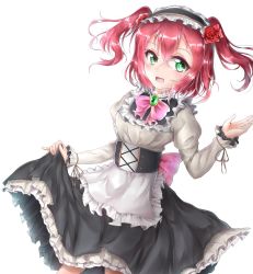 Rule 34 | 1girl, apron, aqua eyes, artist name, artist request, back bow, black corset, blush, bow, breasts, corset, dress, female focus, flower, green eyes, hair between eyes, hair flower, hair ornament, highres, holding clothes, holding skirt, kurosawa ruby, long sleeves, looking at viewer, love live!, love live! sunshine!!, maid, maid apron, maid cap, maid headdress, medium breasts, parted lips, pink bow, puffy long sleeves, puffy sleeves, red flower, red hair, short hair, skirt, smile, solo, white background