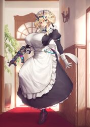 Rule 34 | 1girl, alternate costume, apron, barghest (fate), barghest (swimsuit archer) (fate), black dress, black skirt, blonde hair, bow, breasts, collared dress, dress, enmaided, eyeshadow, fate/grand order, fate (series), floating hair, frilled apron, frills, gloves, green eyes, gun, hair ornament, heterochromia, high heels, holding, holding gun, holding weapon, horns, huge breasts, indoors, juliet sleeves, long sleeves, looking at viewer, maid, maid apron, maid headdress, makeup, melon22, official art, one leg raised, puffy sleeves, red eyes, ribbon, sidelocks, skirt, solo, standing, waist bow, weapon, white apron, white bow, white gloves