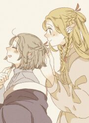 Rule 34 | 2girls, alternate hairstyle, blonde hair, blush, braid, casual, choker, closed eyes, closed mouth, dress, dungeon meshi, ear blush, elf, facing ahead, falin touden, falin touden (tallman), french braid, from side, grey hair, grey shirt, hair around ear, hair tubes, hairdressing, half updo, hand up, hands up, happy, jacket, long hair, long sleeves, looking at another, marcille donato, multiple girls, nose blush, off shoulder, parted bangs, pointy ears, profile, rururu (fgju8835), shirt, short hair, side braid, simple background, smile, twirling hair, upper body, white dress