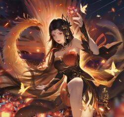 Rule 34 | 1girl, bare legs, bare shoulders, bird, brown hair, closed mouth, dusk, embers, facial mark, forehead mark, glowing flower, hair ornament, hand up, highres, huo linger (wanmei shijie), leg up, linshi (weibo), long hair, phoenix, second-party source, solo, sun, two-tone dress, upper body, wanmei shijie