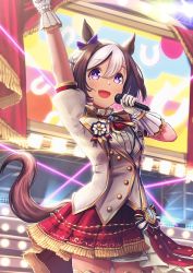 Rule 34 | 1girl, animal ears, arm up, ascot, blush, brown hair, cowboy shot, gloves, highres, holding, holding microphone, horse ears, horse girl, horse tail, jacket, microphone, open mouth, outstretched arm, ponpochi, puffy short sleeves, puffy sleeves, purple eyes, red ascot, red skirt, shirt, short hair, short sleeves, skirt, smile, solo, special week (umamusume), stage, sweatdrop, tail, thighhighs, umamusume, vest, white gloves, white jacket, white shirt, white vest