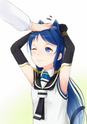 Rule 34 | 10s, 1girl, animal ears, armpits, blue eyes, blue hair, blush, cat day, cat ears, cat tail, commentary request, elbow gloves, gecotan, gloves, hand on another&#039;s head, hands on own head, head pat, kantai collection, kemonomimi mode, long hair, neckerchief, one eye closed, headpat, samidare (kancolle), school uniform, serafuku, shirt, sleeveless, sleeveless shirt, solo focus, tail, very long hair, wavy mouth