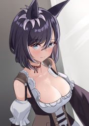 Rule 34 | 1girl, 3:, animal ears, bare shoulders, black hair, blue eyes, blush, breasts, choker, cleavage, closed mouth, collarbone, commentary request, corset, detached sleeves, ear ornament, eishin flash (umamusume), frilled sleeves, frills, highres, horse ears, large breasts, long sleeves, looking at viewer, red choker, short hair, solo, solokitsune, swept bangs, umamusume, underbust, upper body
