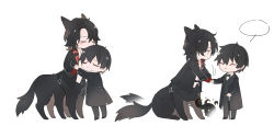 Rule 34 | 2boys, afterimage, animal ears, black bow, black bowtie, black footwear, black hair, black jacket, black pants, black vest, bow, bowtie, can, character request, chibi, closed eyes, closed mouth, dog boy, dog ears, dog tail, dress shirt, full body, gloves, handshake, happy, harness, head kiss, highres, holding, holding can, hug, jacket, lapels, lieshang773, looking at another, lord of the mysteries, male focus, multiple boys, multiple views, outstretched arm, outstretched arms, pants, profile, red gloves, shirt, short hair, simple background, sitting, smile, speech bubble, standing, tail, tail wagging, taur, tears, tentacles, traditional bowtie, untucked shirt, vest, white background, white shirt