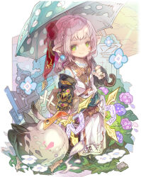 Rule 34 | 1girl, animal, bird, black gloves, blue flower, blush stickers, braid, closed mouth, commentary request, crown braid, dress, final fantasy, final fantasy xiv, fingerless gloves, flower, gloves, green umbrella, grey hair, hair intakes, haku (sabosoda), hand up, highres, holding, holding umbrella, lalafell, looking at viewer, pink flower, pointy ears, polka dot, polka dot umbrella, purple flower, sleeveless, sleeveless dress, smile, solo, standing, umbrella, white background, white dress