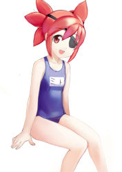 Rule 34 | 1girl, blue one-piece swimsuit, collarbone, competition swimsuit, eyepatch, flat chest, looking at viewer, midori555, mito (the rumble fish), one-piece swimsuit, red eyes, red hair, school swimsuit, short hair, short twintails, simple background, sitting, smile, solo, spiked hair, swimsuit, teeth, the rumble fish, twintails, upper teeth only, white background