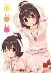 Rule 34 | 1girl, adjusting hair, animal ears, bad id, bad pixiv id, black hair, bow, carrot necklace, commentary request, dress, hair tie, half updo, inaba tewi, jewelry, looking at viewer, multiple views, necklace, nnyara, one eye closed, pink dress, pink scrunchie, rabbit ears, rabbit symbol, red bow, red eyes, scrunchie, short sleeves, smile, touhou, wrist scrunchie