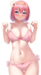 Rule 34 | 1girl, bare arms, bare shoulders, blue eyes, blush, bow, bra, breasts, cleavage, closed mouth, collarbone, cowboy shot, hair ornament, hairband, highres, large breasts, looking at viewer, navel, nose blush, panties, pink bow, pink bra, pink hair, pink panties, princess connect!, short hair, side-tie panties, simple background, smile, solo, stomach, tatsumiya kagari, thigh gap, underwear, underwear only, white background, yellow hairband, yui (princess connect!)