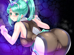 Rule 34 | 1girl, anus, artist request, ass, back, blush, bodysuit, breasts, cameltoe, cleft of venus, female focus, gem, gloves, green hair, hair ornament, headpiece, jewelry, large breasts, long hair, looking back, nervous, nintendo, pantyhose, pneuma (xenoblade), ponytail, pussy, smile, spoilers, sweat, sweatdrop, swept bangs, thighhighs, tiara, xenoblade chronicles (series), xenoblade chronicles 2