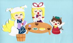 Rule 34 | 3girls, animal ears, animal hat, aqua background, blonde hair, brown hair, bucket, cat ears, cat tail, chen, chopsticks, closed eyes, dress, eating, food, fox tail, green hat, hat, hat ribbon, holding, holding food, long hair, long sleeves, looking at viewer, medium hair, mob cap, multiple girls, multiple tails, open mouth, paper (medium), papercraft (medium), poru (tohopunk), red ribbon, red vest, ribbon, shirt, simple background, sitting, smile, tabard, table, tail, touhou, two tails, unconventional media, vest, white dress, white shirt, wide sleeves, yakumo ran, yakumo yukari