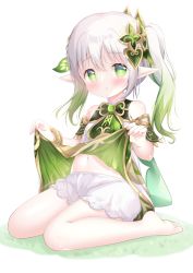 Rule 34 | 1girl, :o, bare shoulders, barefoot, blush, braid, clothes lift, commentary request, dress, dress lift, full body, genshin impact, green eyes, green hair, hair ornament, hands up, highres, lifted by self, looking at viewer, nahida (genshin impact), navel, on grass, parted lips, pointy ears, renew vivi, short shorts, shorts, side ponytail, sitting, soles, solo, wariza, white background, white dress, white hair, white shorts