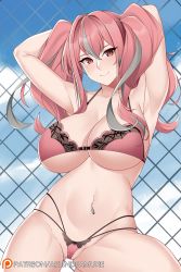 Rule 34 | 1girl, armpits, arms behind head, arms up, aslindsamure, azur lane, bare shoulders, blush, bra, breasts, bremerton (azur lane), chain-link fence, cleavage, closed mouth, collarbone, fence, highres, large breasts, long hair, looking at viewer, multicolored hair, navel, navel piercing, panties, piercing, pink bra, pink eyes, pink hair, pink panties, smile, solo, streaked hair, twintails, underwear