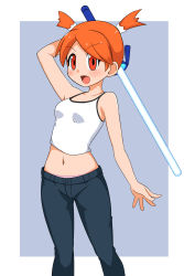 Rule 34 | 1girl, absurdres, azi hune, breasts, denim, highres, jeans, looking at viewer, natsume (saru getchu), navel, open mouth, orange eyes, orange hair, panties, pants, saru getchu, short hair, short twintails, simple background, smile, solo, twintails, underwear