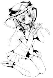 Rule 34 | 1girl, arm garter, asymmetrical hair, black footwear, blush, buttons, cum, cum in mouth, cum on body, cum on upper body, cupping hands, full body, greyscale, hat, hat ornament, hat ribbon, lineart, long sleeves, looking at viewer, miniskirt, monochrome, open mouth, own hands together, ribbon, seiza, shiki eiki, shoes, short hair, sitting, skirt, socks, solo, sweat, tareme, touhou, vest, yukimachi tounosuke