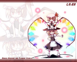 Rule 34 | 2girls, apron, black dress, blonde hair, brown eyes, crystal, demon wings, dorua (dollar), dress, female focus, flandre scarlet, kirisame marisa, looking at viewer, mary janes, multiple girls, outstretched arm, puffy short sleeves, puffy sleeves, red eyes, shoes, short sleeves, simple background, touhou, waist apron, white background, wings, zoom layer
