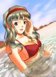 Rule 34 | 1girl, bikini, breasts, cleavage, emanon123, grey hair, hairband, highres, idolmaster, idolmaster (classic), large breasts, long hair, looking at viewer, open mouth, partially submerged, red eyes, reflection, shijou takane, smile, solo, swimsuit, wading, water