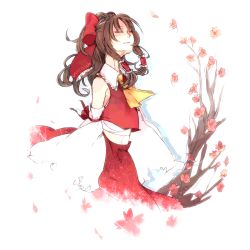 Rule 34 | 1girl, ascot, bad id, bad pixiv id, bare shoulders, bow, branch, brown hair, cherry blossoms, detached sleeves, female focus, hair bow, hair tubes, hakurei reimu, japanese clothes, leaf, long hair, miko, sarashi, simple background, smile, sofy, solo, touhou, tree, white background