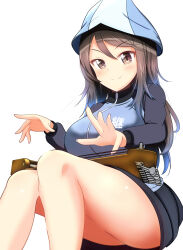 Rule 34 | 1girl, ass, blush, breasts, brown eyes, brown hair, closed mouth, girls und panzer, highres, instrument, jacket, kantele, keizoku military uniform, kumaisao, large breasts, long hair, looking at viewer, mika (girls und panzer), military, military uniform, simple background, smile, solo, thighs, track jacket, uniform, white background