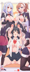 Rule 34 | 5girls, animal ears, black dress, black gloves, black hair, black legwear, blue eyes, blue hair, blush, bow, bowtie, breasts, breasts out, brown eyes, brown hair, censored, closed mouth, clothes lift, dress, dress lift, earrings, erection, closed eyes, fake animal ears, flaccid, futa with futa, futanari, futanari, gloves, group sex, highres, jewelry, kneeling, kujya, large breasts, lifted by self, long hair, maid, maid headdress, meme attire, mosaic censoring, multiple girls, multiple penises, nipples, open clothes, open mouth, open shirt, original, penis, penis on face, puffy sleeves, purple hair, rabbit ears, red bow, red bowtie, red hair, reverse bunnysuit, reverse outfit, shirt, short hair, sidelocks, skirt, smile, testicles, white shirt, wrist cuffs