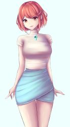 Rule 34 | 1girl, absurdres, breasts, casual, chest jewel, cowboy shot, highres, langspower, large breasts, looking at viewer, miniskirt, pyra (xenoblade), red eyes, red hair, red lips, short hair, short sleeves, skirt, solo, swept bangs, thigh gap, turtleneck, xenoblade chronicles (series), xenoblade chronicles 2