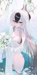 Rule 34 | 1girl, absurdres, alternate costume, bare shoulders, black hair, blue archive, blush, bouquet, breasts, bridal veil, closed mouth, collarbone, demon horns, detached sleeves, double-parted bangs, flower, frilled leotard, frills, grey hair, hair between eyes, halo, highleg, highleg leotard, highres, holding, holding bouquet, horns, kabedoru, kayoko (blue archive), leotard, long hair, looking at viewer, mole, mole on shoulder, multicolored hair, red eyes, smile, thighs, two-tone hair, veil, very long hair, wading, water, white leotard