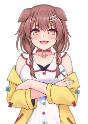 Rule 34 | 1girl, animal ears, bad id, bad pixiv id, bare shoulders, bone hair ornament, braid, breasts, brown eyes, brown hair, buttons, choker, collarbone, commentary, crossed arms, dog ears, dog girl, dress, hair ornament, highres, hololive, inugami korone, inugami korone (1st costume), ishiusu, jacket, looking at viewer, medium breasts, medium hair, off shoulder, open mouth, red choker, sharp teeth, sidelocks, simple background, smile, solo, standing, teeth, twin braids, v-shaped eyebrows, virtual youtuber, white background, white dress, yellow jacket