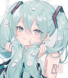 Rule 34 | 1girl, absurdres, aqua eyes, aqua hair, black sleeves, blouse, blue nails, blush, closed mouth, commentary request, detached sleeves, flower, hair between eyes, hair flower, hair ornament, hands up, hatsune miku, highres, holding, holding hair, long hair, long sleeves, looking at viewer, mokyuko, nail polish, petals, shirt, shoulder tattoo, sleeveless, sleeveless shirt, smile, solo, tattoo, twintails, vocaloid, white flower, white shirt, wide sleeves