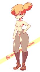 Rule 34 | 1girl, animated, animated gif, artist name, black pantyhose, blue eyes, blush, breasts, brown footwear, cleft of venus, creatures (company), diives, female focus, finger to mouth, full body, game freak, hair tie, half-closed eyes, hand on own hip, hand to own mouth, hand up, legs apart, looking at viewer, medium breasts, misty (pokemon), navel, nintendo, nipples, open mouth, orange hair, pantyhose, patreon logo, pokemon, pokemon (anime), pokemon rgby, ponytail, pussy, shoes, short hair, side ponytail, simple background, socks, solo, standing, teeth, text focus, topless, torn clothes, torn legwear, uncensored, watermark, web address, white background