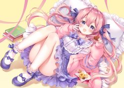 Rule 34 | 1girl, :d, bare legs, blue eyes, blue nails, blush, bow, cardigan, collarbone, food, footwear bow, full body, hair between eyes, hair ribbon, heart-shaped food, high-waist skirt, highres, holding, holding food, lolita fashion, long hair, long sleeves, looking at viewer, mary janes, miniskirt, nail polish, open cardigan, open clothes, open mouth, original, pink cardigan, pink hair, purple bow, purple footwear, purple ribbon, purple skirt, ribbon, sakura moyon, shoes, skirt, smile, socks, solo, very long hair, white socks, yellow background
