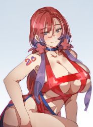 Rule 34 | 1girl, bare shoulders, blue background, blue choker, blue eyes, bow (bhp), breasts, choker, closed mouth, contrapposto, huge breasts, long hair, looking at viewer, navel, original, red hair, shoulder tattoo, simple background, skindentation, smile, solo, tattoo